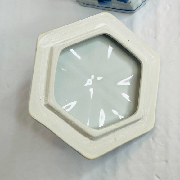 Blue and White Hexagon Trinket box with lid blue handle Thailand Porcelain - Picture 11 of 16